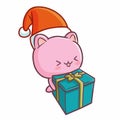 Cute and funny pink bear wearing Santa`s hat for christmas, and bringing a gift Royalty Free Stock Photo