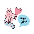 Cute and funny pink cat character. Kitten gives a heart-shaped chicken leg holding it in its paw. yand drawn cartoon