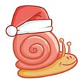 Cute and funny pink snail wearing Santa`s hat for Christmas