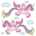 Cute funny pink unicorns rainbow and flying