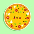 Pizza sticker character. Vector hand drawn cartoon kawaii character illustration icon. Isolated on green background