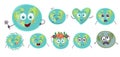 Cute funny planet Happy ,sad Earth emoji showing different emotions set of colorful characters vector Illustrations. globe with