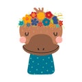 Cute funny platypus in floral wreath, t-shirt. Royalty Free Stock Photo