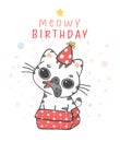 Cute funny playful tabby kitten cat in present box, meowy birthday cheerful pet animal cartoon doodle character drawing