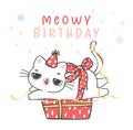 Cute funny playful white kitten cat laying down on present box, meowy birthday cheerful pet animal cartoon doodle character