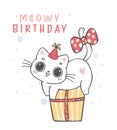 Cute funny playful white kitten cat on present box, meowy birthday cheerful pet animal cartoon doodle character drawing