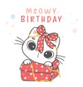 Cute funny playful white kitten cat surprised in present box, meowy birthday cheerful pet animal cartoon doodle character drawing