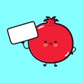 Cute funny pomegranate fruit with poster. Vector hand drawn cartoon kawaii character illustration icon. Isolated on blue