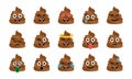 Cute funny poop set. Emotional shit icons. Happy emoji, emoticons