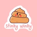 Cute funny poop sticker. Kawaii winky character. Doodle with text. Sticker with white contour for planner, scrapbooking. Hand