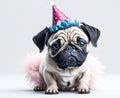 Cute funny pug puppy wearing birthday hat and pink tutu on white background. Generative Ai Royalty Free Stock Photo