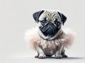 Cute funny pug puppy wearing pink tutu on white background. Generative Ai Royalty Free Stock Photo