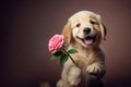 cute puppy holding pink rose in paws