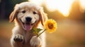 cute funny puppy holding sunflower in paws outdoors at sunset