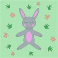 Cute funny rabbit lies sleeping in the grass in nature, vector image, children\'s illustration, pastel flowers