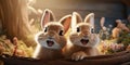 Cute and funny rabbits look into camera lens. Animal world. Generative AI