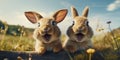 Cute and funny rabbits look into camera lens. Animal world. Generative AI