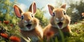 Cute and funny rabbits look into camera lens. Animal world. Generative AI