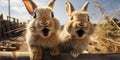 Cute and funny rabbits look into camera lens. Animal world. Generative AI