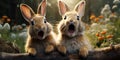 Cute and funny rabbits look into camera lens. Animal world. Generative AI