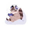 Cute funny raccoon playing video game. Happy gamer, excited animal character with console, controller during videogame