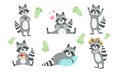 Cute Funny Raccoons Collection, Adorable Funny Forest Animal Character in Different Situations Vector Illustration