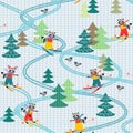 Cute funny raccoons on skiing. Winter seamless pattern.