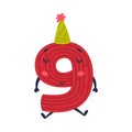 9 cute funny red number character with funny face. Nine comic childish bright colorful numeral, math symbol cartoon