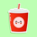 Cute funny red plastic cup cold drink cola straw sticker character. Vector hand drawn cartoon kawaii character Royalty Free Stock Photo