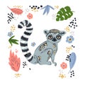 Cute funny ring-tailed lemur and tropical plant. Madagascar exotic Lemur catta. Vector illustration in flat and cartoon style on Royalty Free Stock Photo