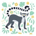 Cute funny ring-tailed lemur and tropical plant. Madagascar exotic Lemur catta. Vector illustration in flat and cartoon Royalty Free Stock Photo