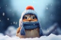 Cute and funny robin bird in blue warm knitted hat and scarf sitting on the tree branch in snowy forest.
