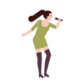 Cute funny rock singer, pop vocalist, songstress or songbird wearing dress and singing in microphone. Female cartoon