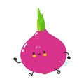 Cute funny running red onion. Vector hand drawn cartoon kawaii character illustration icon.