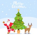 Cute funny Santa Claus hiding behind Christmas tree