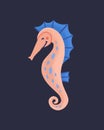 Cute funny seahorse isolated on dark background. Happy marine animal, sea world dweller, adorable underwater creature