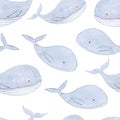 Cute and funny seamless pattern with blue whales on white background in cartoon style. Hand painted Watercolor illustration. Sea m