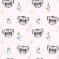 cute funny seamless pattern for wrapping paper textile clothing decor design cartoon ferret twigs on pink background