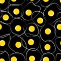 Cute funny seamless sunny side up eggs pattern. Abstract scrambled eggs with yellow yolks and curvy white outlines on black