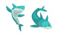 Cute Funny Sharks set, Amusing Sea Animal with Smiling Faces Cartoon Vector Illustration Royalty Free Stock Photo