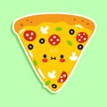 Slice of pizza sticker character. Vector hand drawn cartoon kawaii character illustration icon. Isolated on green