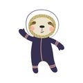 Cute funny sloth astronaut in space suit cartoon character illustration.