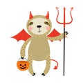 Cute funny sloth in devil Halloween costume character illustration. Royalty Free Stock Photo