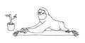 Cute funny sloth practiced yoga exercises on home mat in cobra pose