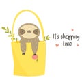 Cute funny sloth sitting in a shopping bag.