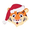 Cute funny or smile tiger character, simbol of New Year in a red Christmas cap. Wild animals of africa, face with