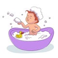 Baby bathing with foam bubbles and duck in bathtub Royalty Free Stock Photo