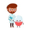 Cute funny smiling doctor and happy pill.Healthcare,medical help. Vector flat cartoon character icon design. Isolated on white Royalty Free Stock Photo