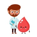 Cute funny smiling doctor hematologist and happy blood drop.Healthcare,medical help. Vector flat cartoon character icon design.