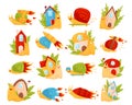 Cute funny snail characters set. Mollusks with turbo rocket speed boosters cartoon vector illustration Royalty Free Stock Photo
